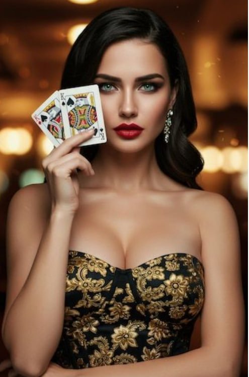 lv77 Live Casino ကတ်ဂိမ်း table ပေါ်တွင် dealer နှင့် ကစားနေသောပုံ
